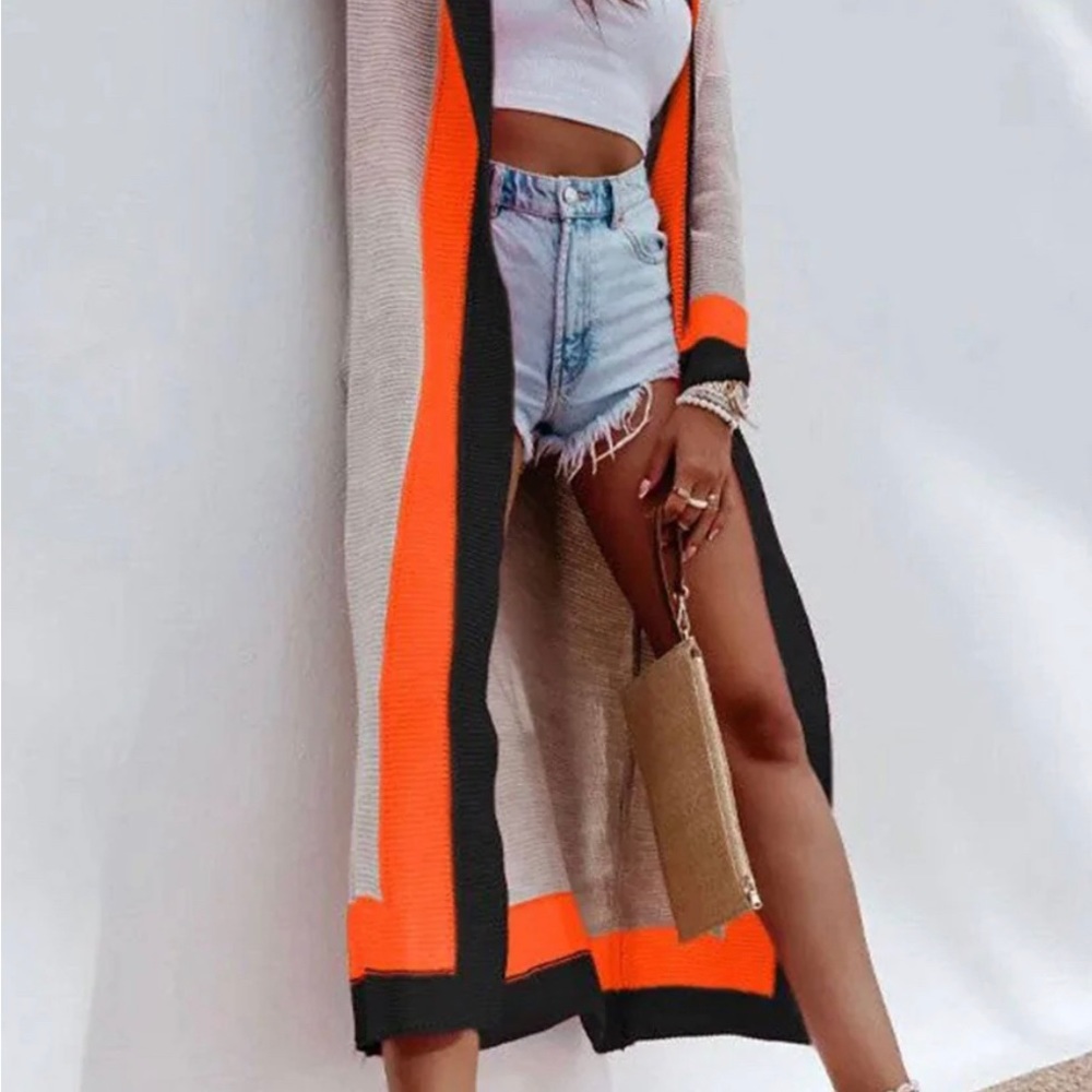 #14 Cersei Colour Block Longline Knitted Open Cardigan-Orange - LAST ONE - Picture 4 of 8